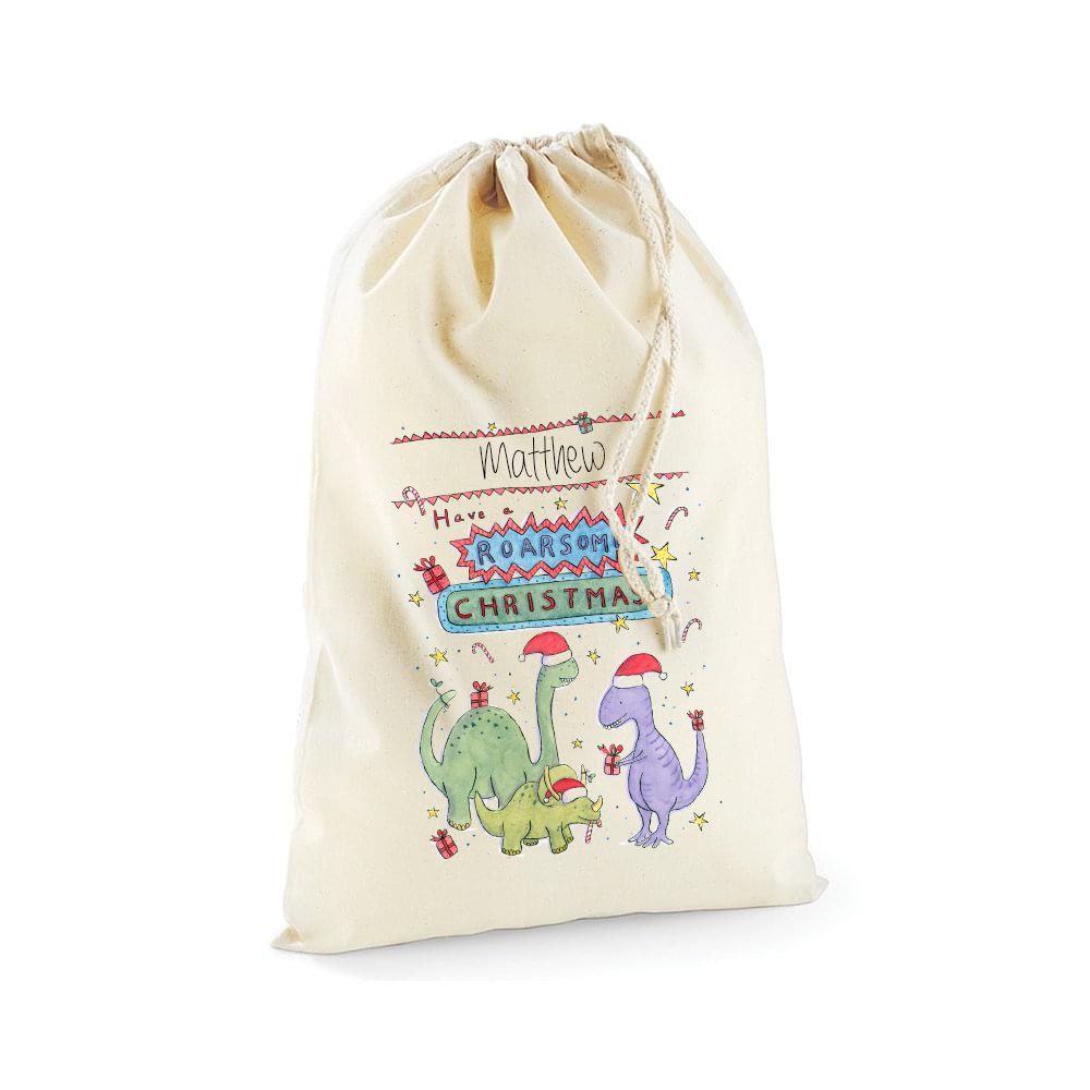 Personalised hand drawn dinosaur Christmas sack